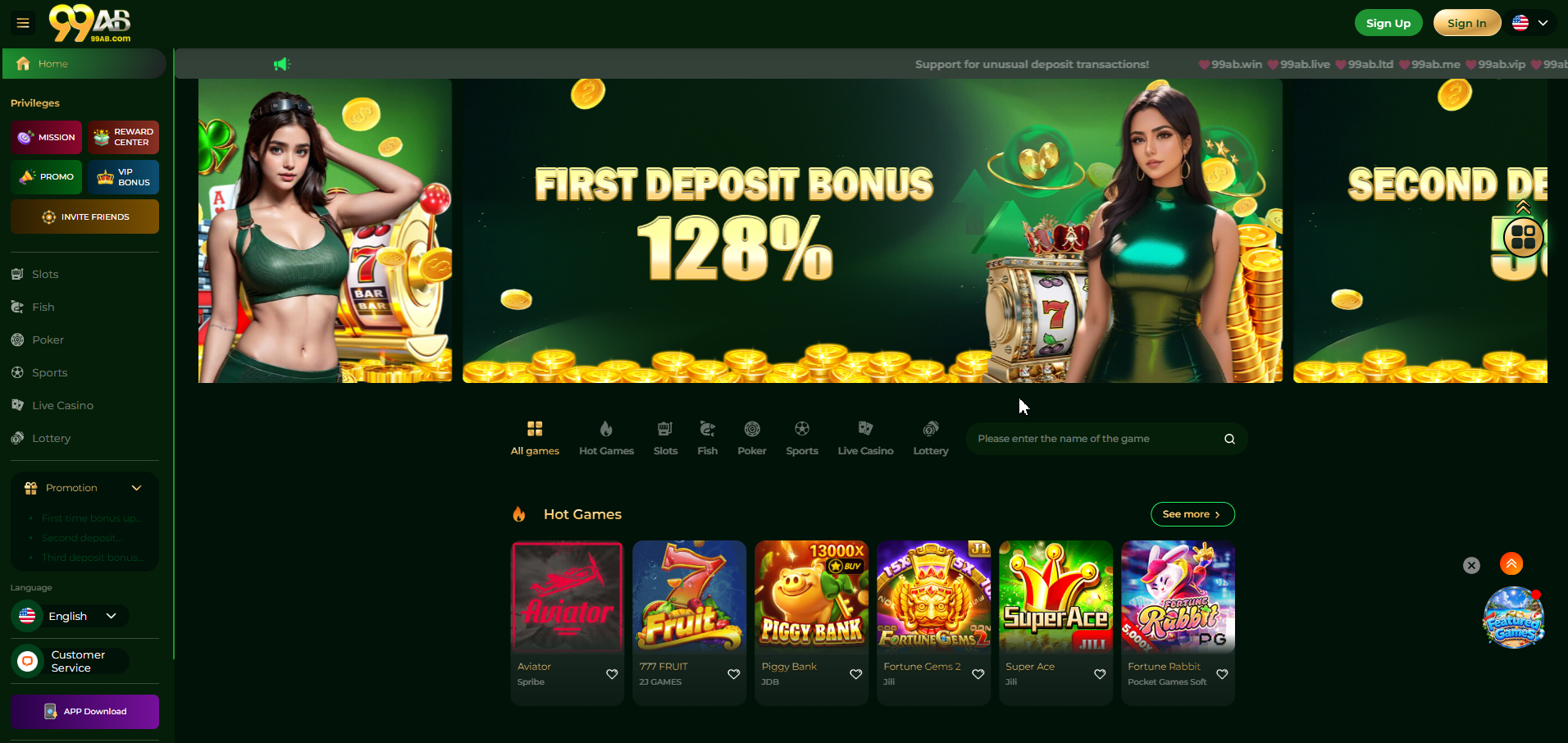 99AB lobby with Sign Up, Sign In, promotion banner, categories and Hot Games